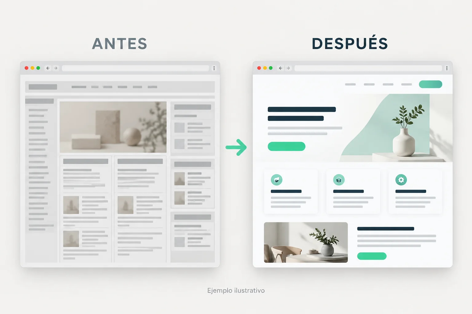 Ejemplo ilustrativo de renovación web: diseño antiguo junto a una propuesta más clara con botones de contacto visibles